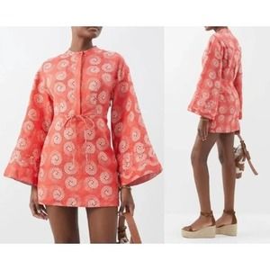 NEW STAUD Karlee Linen Mini Dress Flared Sleeve Hibiscus Whirlpool Medium